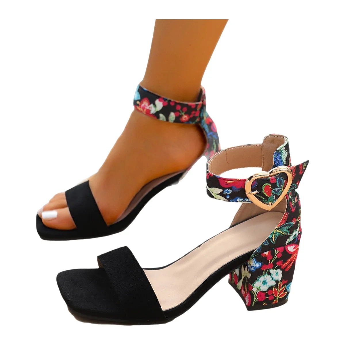 Sandali da donna alla moda con cinturino largo, comodi, morbidi, con tacco alto, aperti in punta, estivi, con tacco spesso, stile casual semplice, in velluto