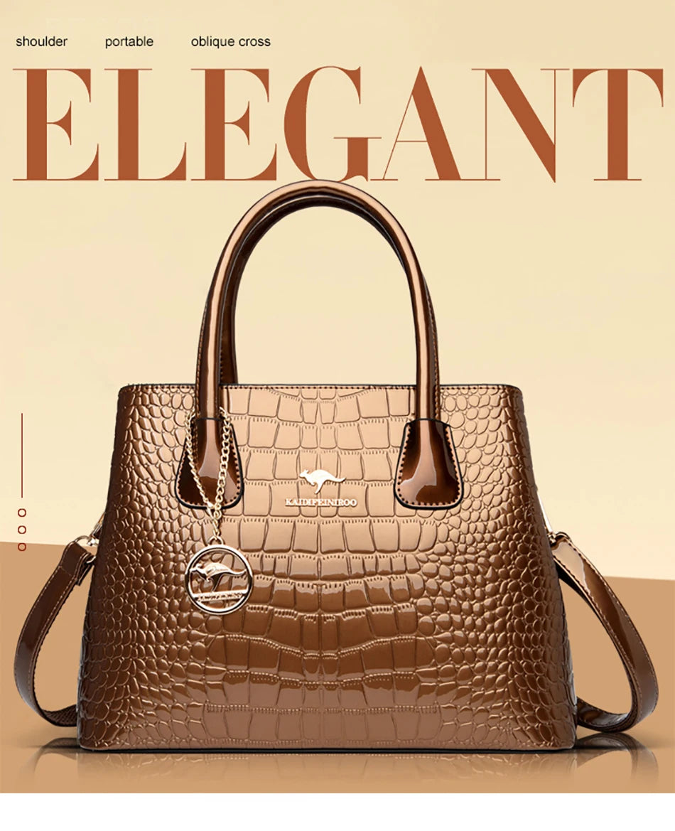 Borsa Tote in Pelle Verniciata con Motivo Coccodrillo per Donna, Borsa a Tracolla di Lusso di Design 2024 per Donna
