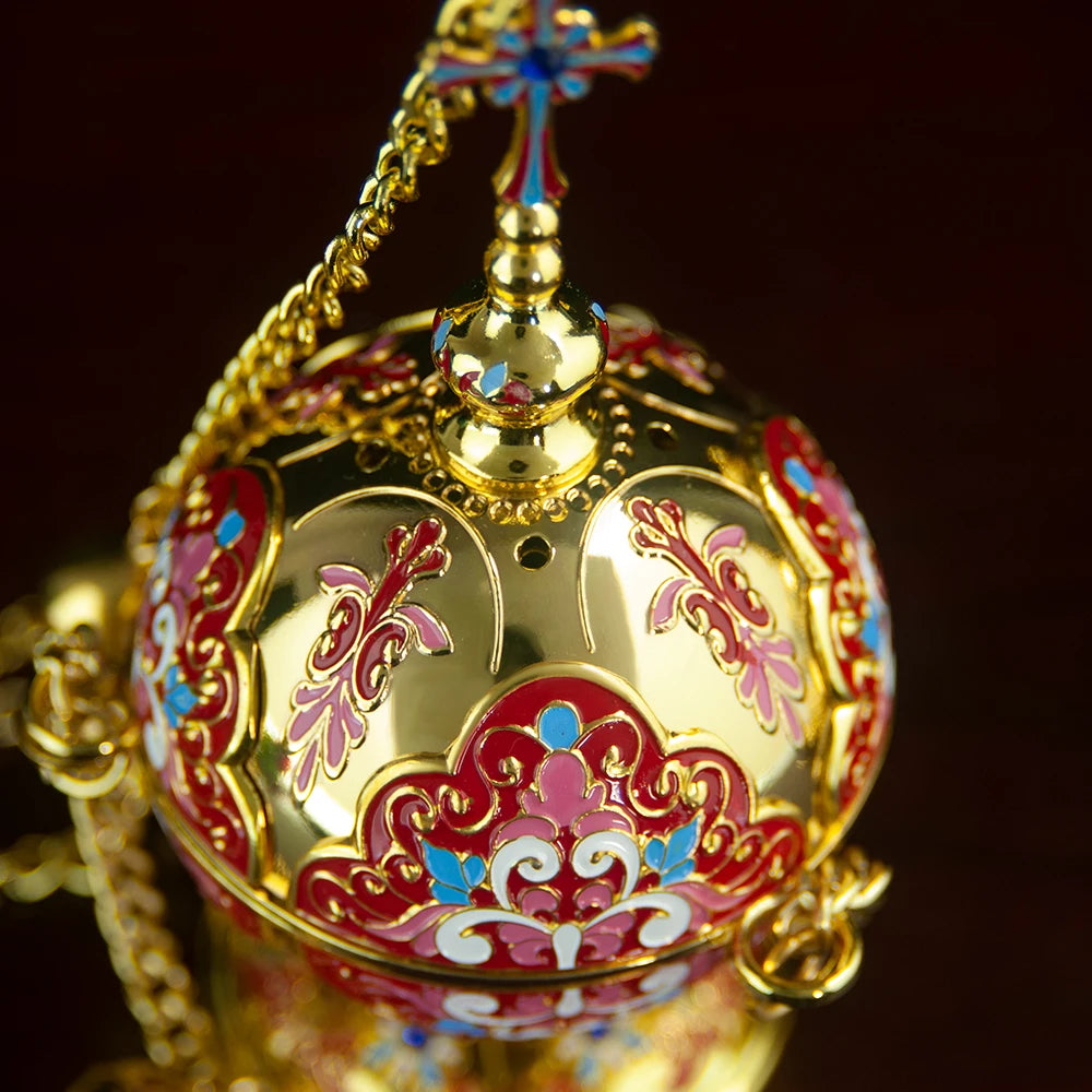 Gold Plated Orthodox Church Censer with Red Pink Blue Enamel Floral Patterns for Christian Liturgy Incense Burning Religious Cer