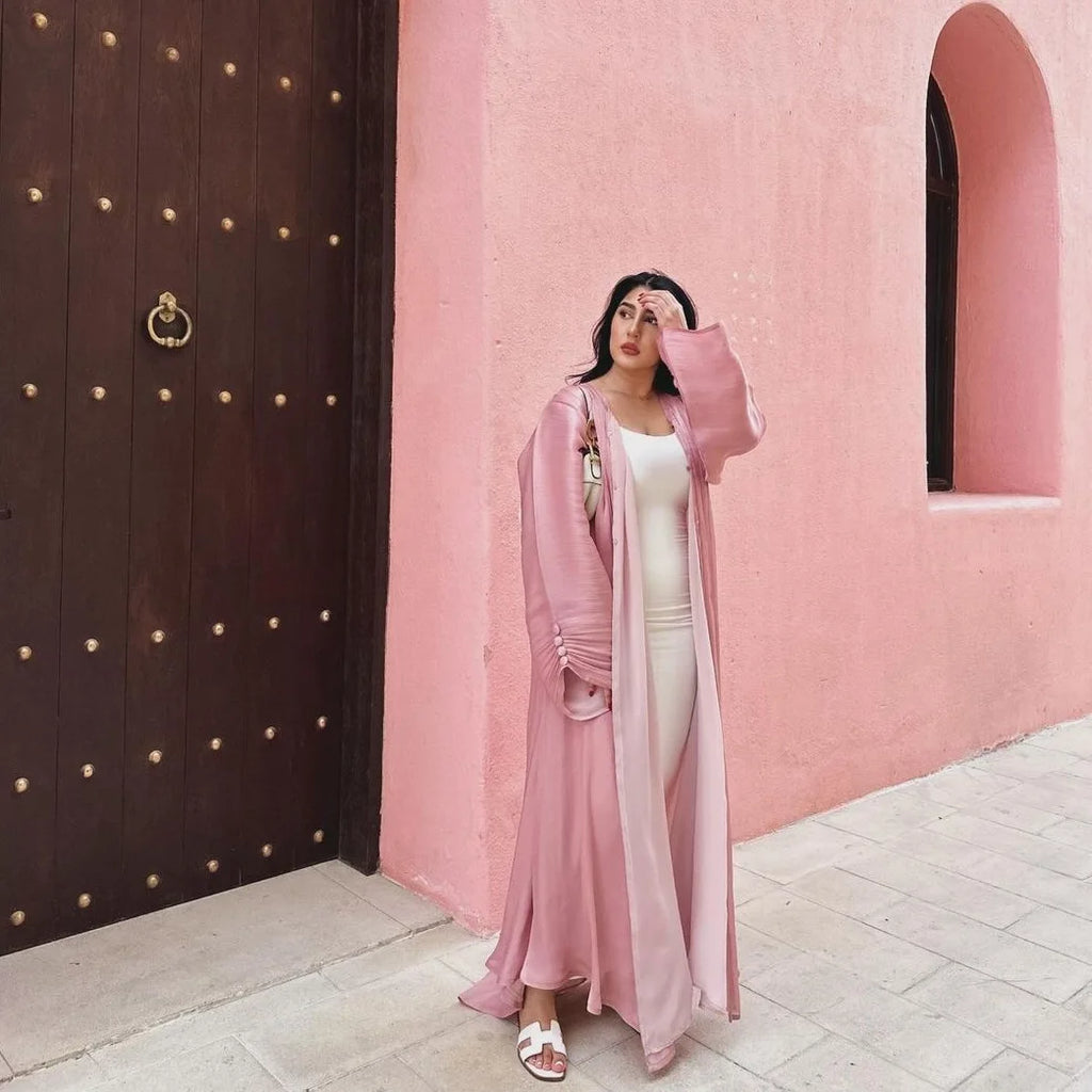 Eid Zijdeachtige Abaya's voor Vrouwen Moslim Jalabiya Ramadan Jurk met Knopen Mouwen Ramadan Kaftan Feestjurken Vestido Largo Cardigan