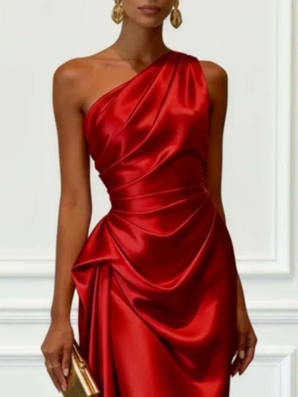 Satijnen midi-jurk met één schouder, geplooide taille, elegante mouwloze feestjurk