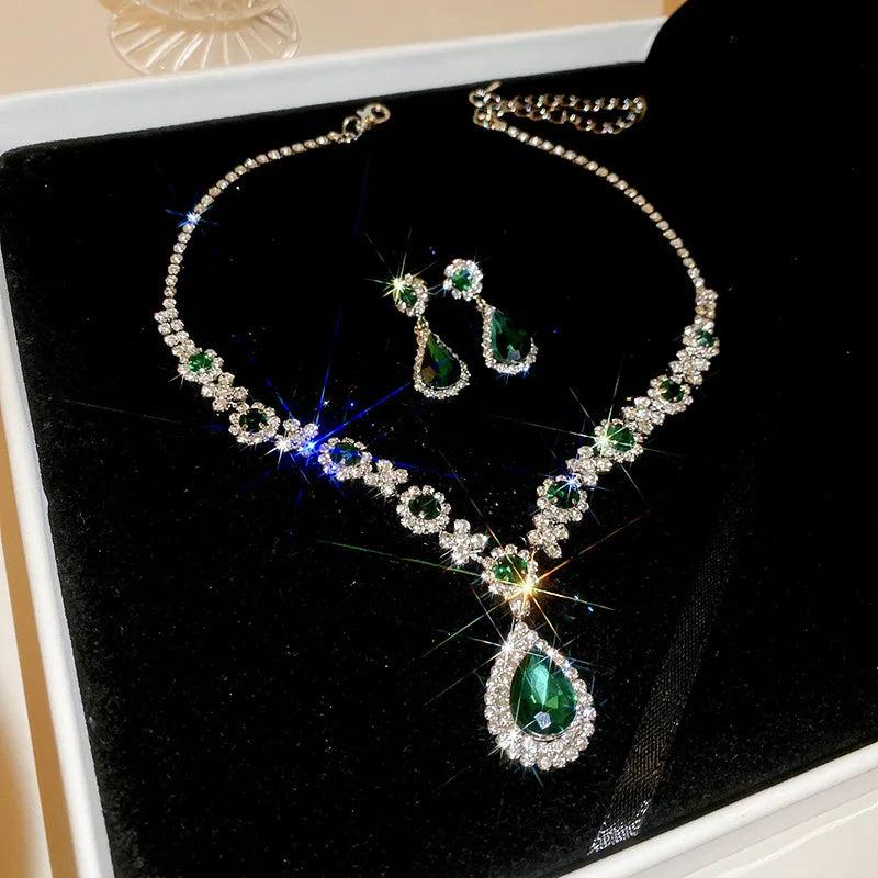 Collana con strass lucidi e orecchini a goccia grandi per donna, Set di gioielli da sposa per abiti da sera
