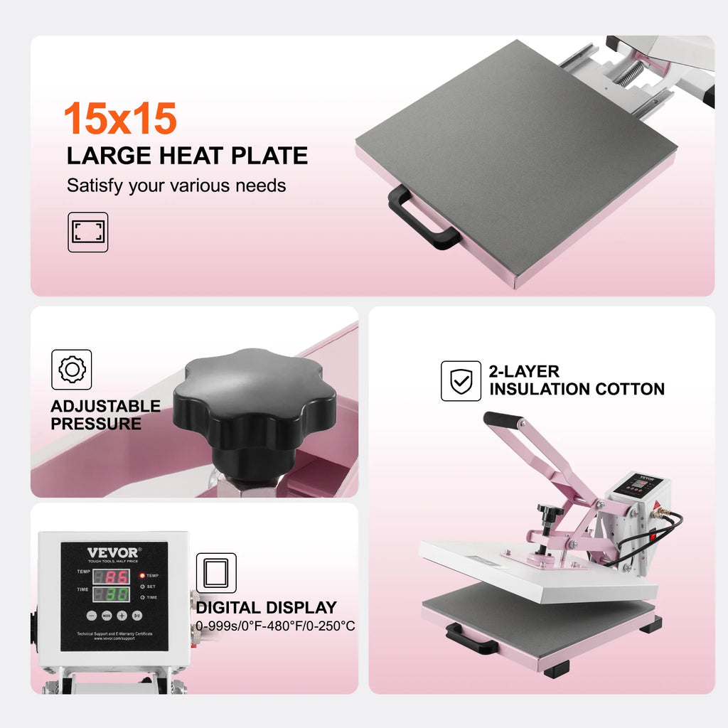SucceBuy Pressa a Caldo 15 x 15 pollici Pressa a Caldo a Scorrimento Macchina per Trasferimento Termico Riscaldamento Rapido e Uniforme Cotone Isolante a 2 Strati