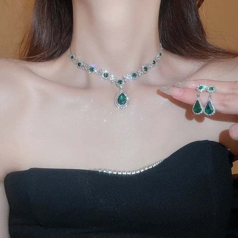 Collana con strass lucidi e orecchini a goccia grandi per donna, Set di gioielli da sposa per abiti da sera