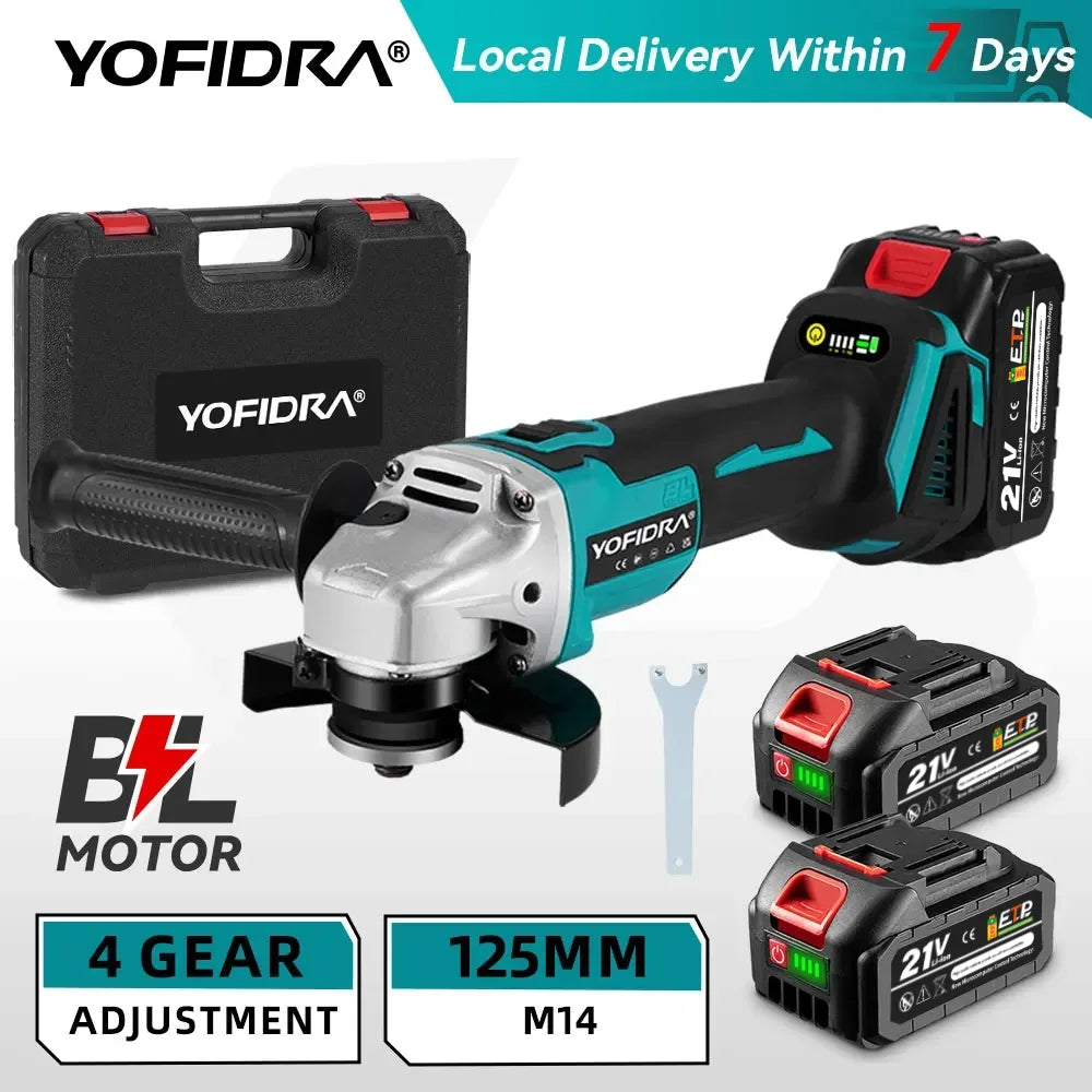 YOFIDRA Smerigliatrice Angolare Elettrica Senza Spazzole da 125mm a 4 Velocità Per Smerigliatura Metallo Legno Lucidatura Taglio Utensile Elettrico Per Perno Batteria Makita
