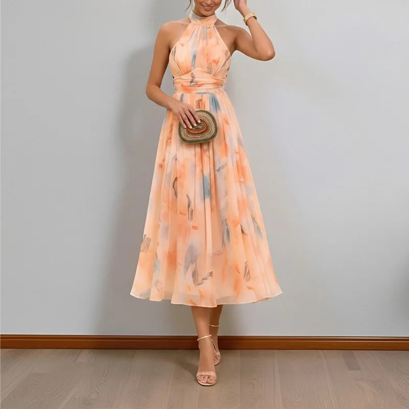 Abito lungo da donna senza schienale con spalline floreali e scollo all'americana in colore dopamina, stile temperamento, abito estivo da spiaggia di alta qualità per il mare
