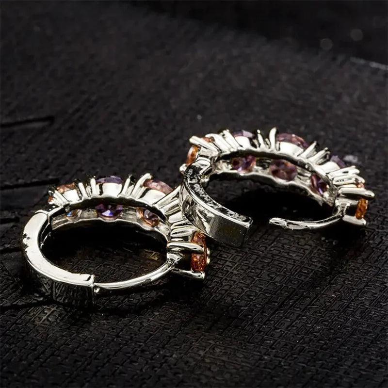 Huitan Moda Lusso Orecchini a Cerchio CZ Rosa/Viola Colorati per Donne Orecchini da Sposa di Nuova Concezione Regalo Gioielli da Festa