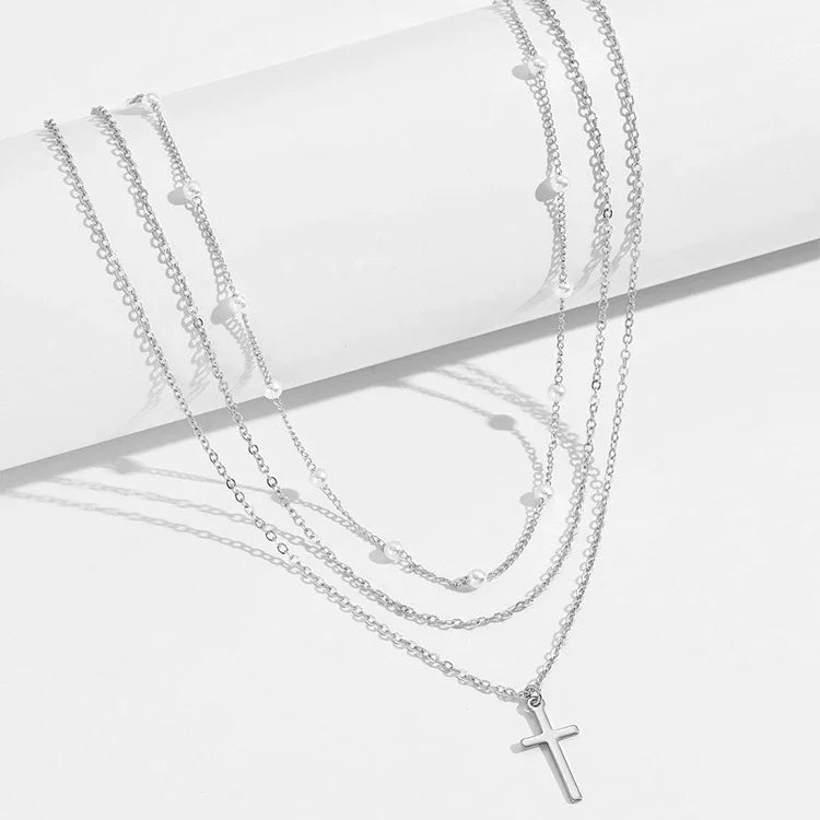 LATS Meerlaagse Parel Kruis Liefdeshart Hanger Kettingen voor Dames Goudkleur Mode Sleutelbeen Halsketting 2024 Trend Sieraden