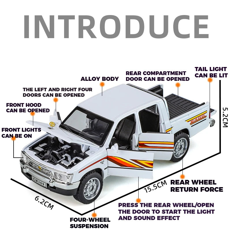 1:32 Toyota Hilux Off Road Pickup Truck Alloy Diecast Metal Model Hight Simulation Sound Light Toy Desktop Ornaments Boys Gifts