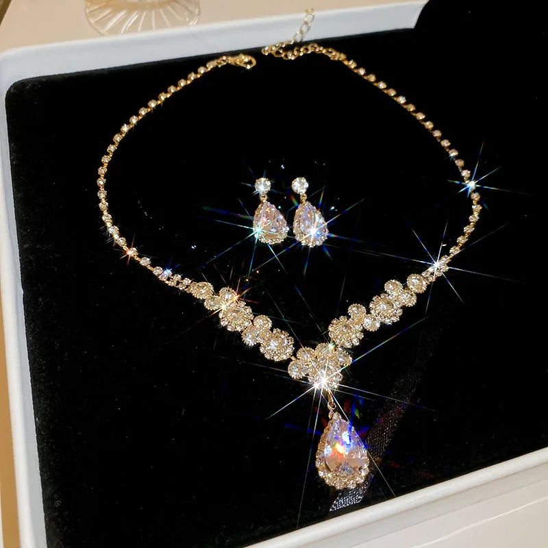 Collana con strass lucidi e orecchini a goccia grandi per donna, Set di gioielli da sposa per abiti da sera