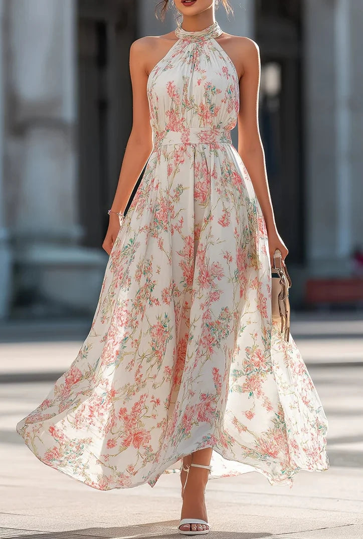 Dames Halternek Bloemenprint Maxi Jurk Hoge Taille Flowy A-lijn Lange Jurk Voor Zomer Strandfeest Bruiloftsgast