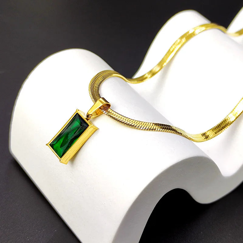 IFYOUOO Roestvrijstalen Vierkante Groene Kristallen Zirkonia Ketting Oorbellen Set Voor Vrouwen Meisjes Nieuwe Mode Kleurvaste Sieraden