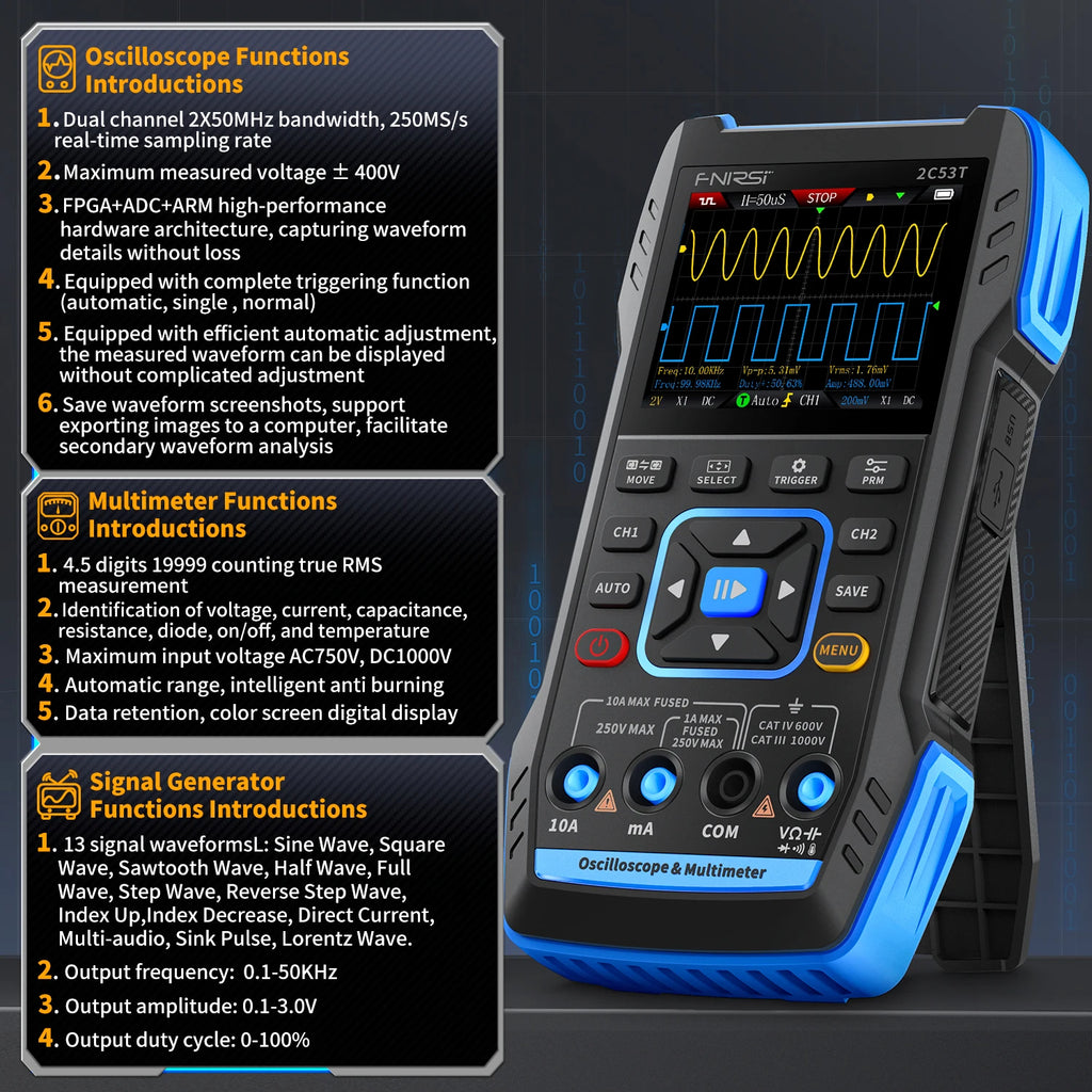 FNIRSI 2C23T 2C53T Upgrade 50MHz Handheld Digitaal Oscilloscoop Multimeter Signaalgenerator 3 in 1 Dual-channel Autogereedschap