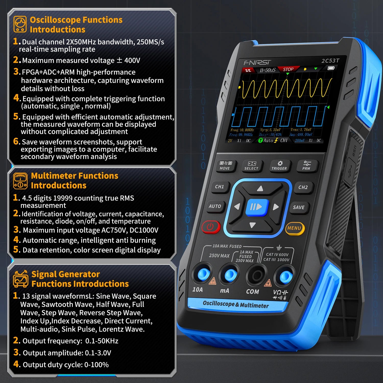 FNIRSI 2C23T 2C53T Upgrade 50MHz Handheld Digitaal Oscilloscoop Multimeter Signaalgenerator 3 in 1 Dual-channel Autogereedschap