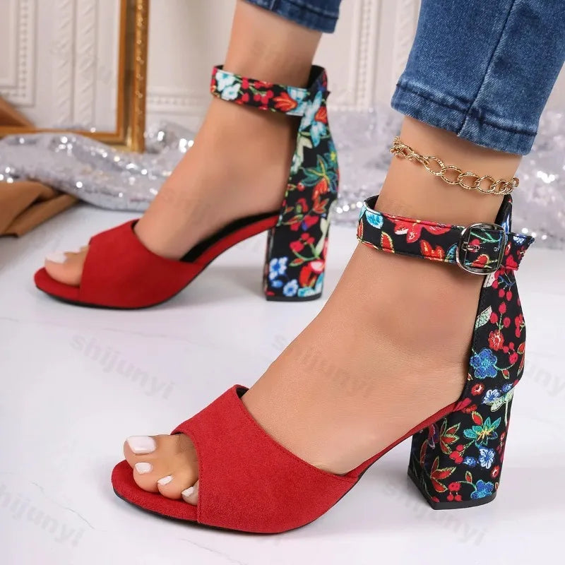Sandali Estivi da Donna 2024 Tacchi Alti Quadrati con Stampa Floreale Vintage Punta Aperta Cinturino alla Caviglia con Fibbia Casual da Donna