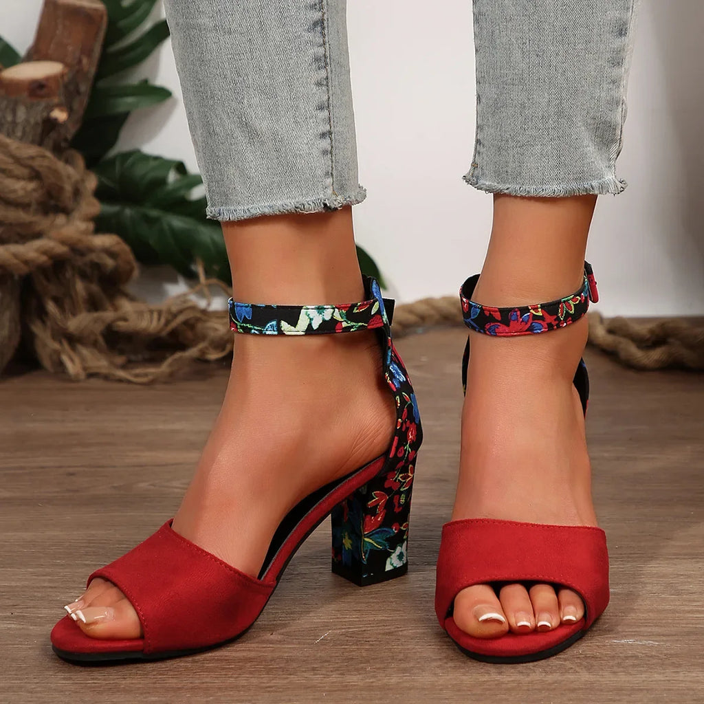 Scarpe estive da donna 2026 Sandali alti con stampa floreale vintage, open toe, tacco alto, casual, con fibbia alla caviglia