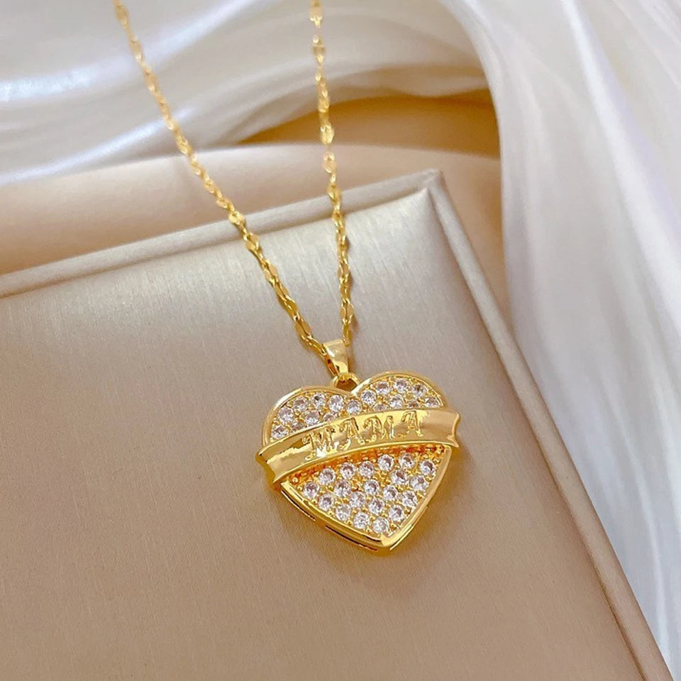 ZAKOL Klassieke Goudkleurige Roestvrijstalen Ketting voor Dames Glanzende Zirkoon Geometrische Hart Hanger Kettingen Sieraden Cadeau