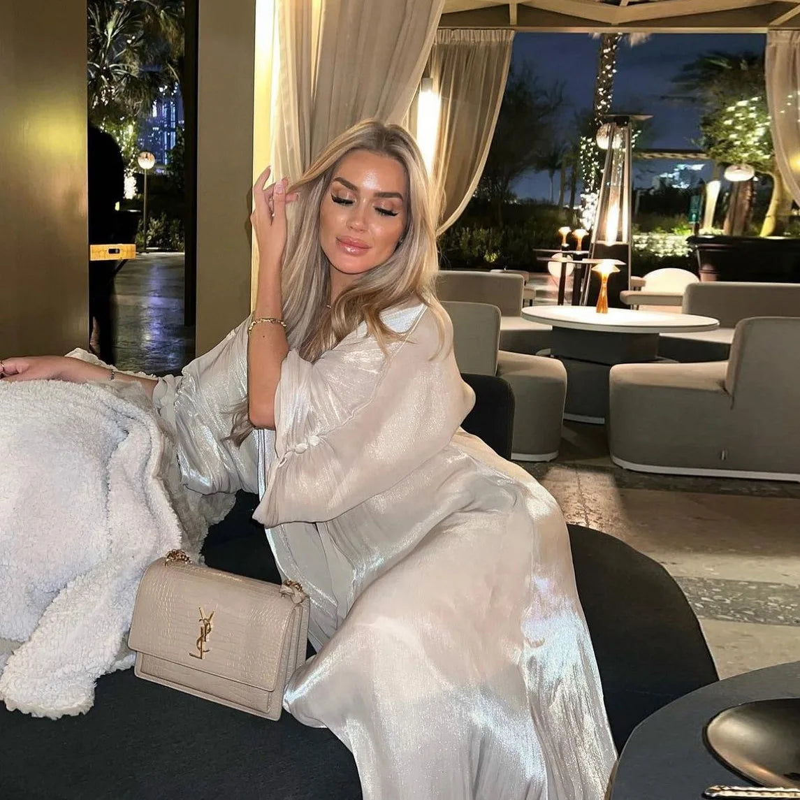 Eid Zijdeachtige Abaya's voor Vrouwen Moslim Jalabiya Ramadan Jurk met Knopen Mouwen Ramadan Kaftan Feestjurken Vestido Largo Cardigan