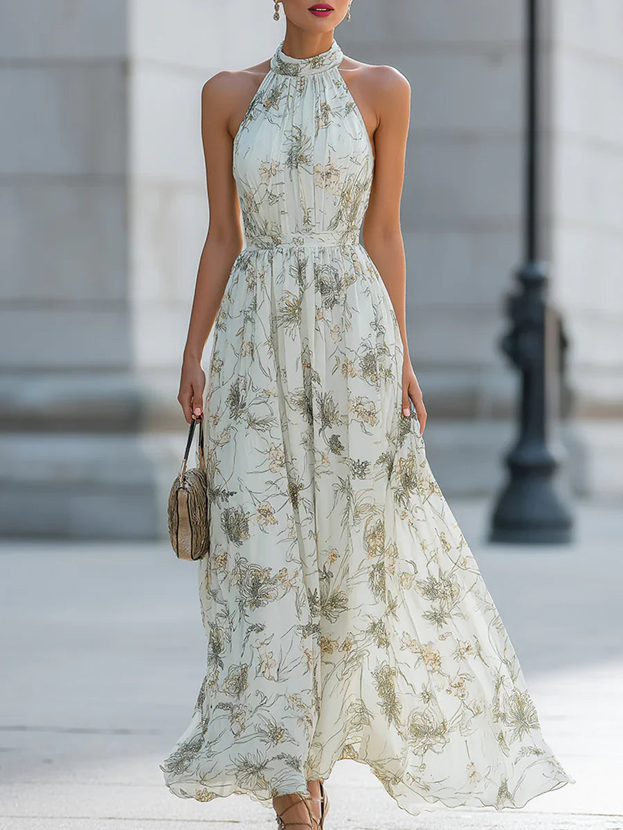 Dames Halternek Bloemenprint Maxi Jurk Hoge Taille Flowy A-lijn Lange Jurk Voor Zomer Strandfeest Bruiloftsgast