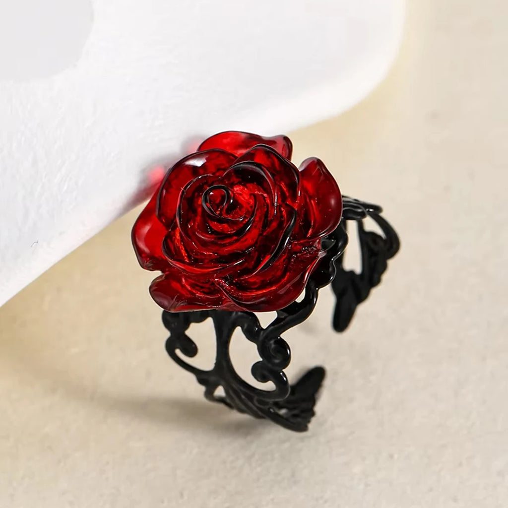 Anello Gotico Punk Rosa Rossa, Vite Nera Intagliata, Strega Pagana, Vintage, Creativo, Regalo di Halloween, Gioielli da Festa per Ragazze Cool