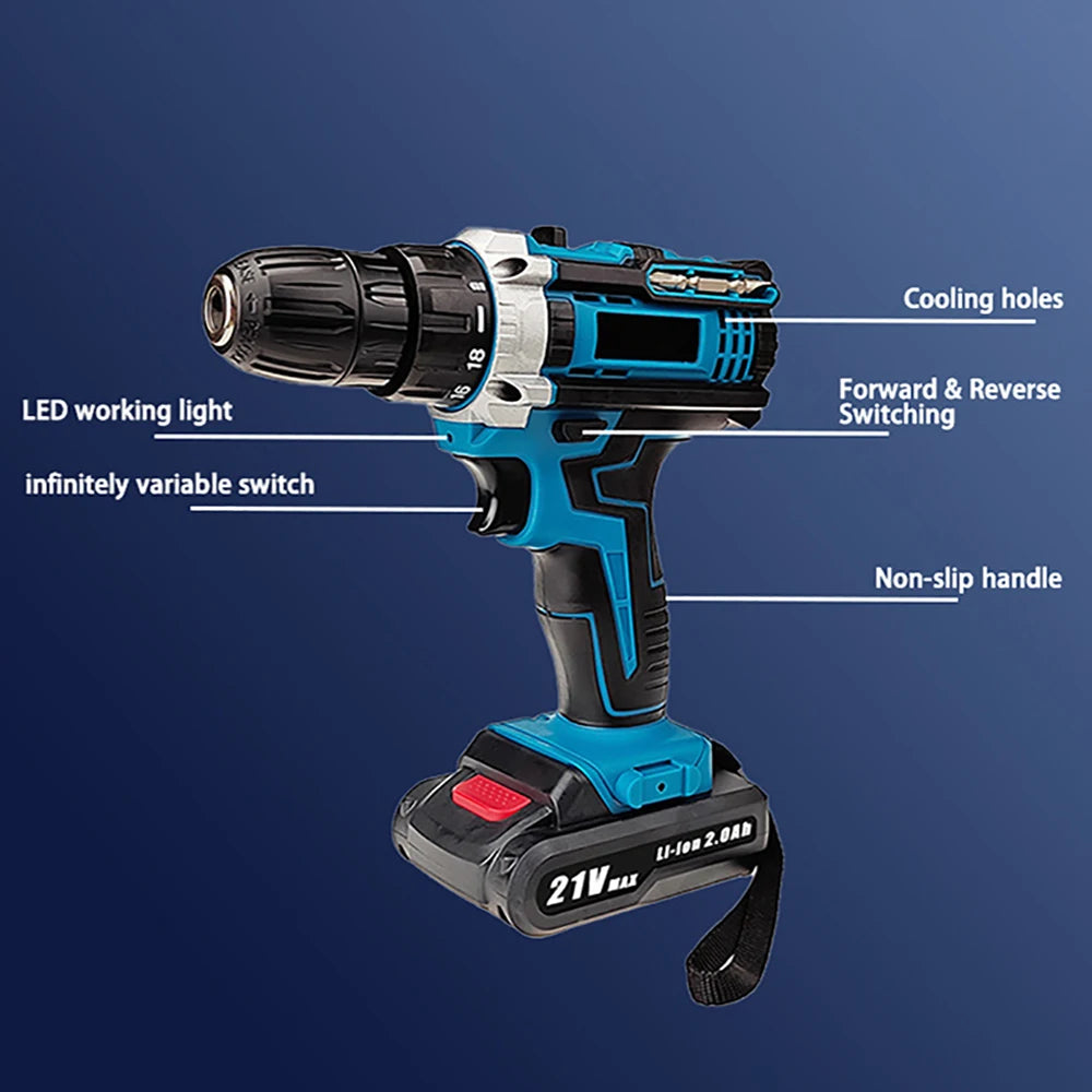 Trapano avvitatore a percussione senza fili 21V, cacciavite elettrico, martello elettrico, batteria ricaricabile agli ioni di litio, trapano portatile, utensili elettrici
