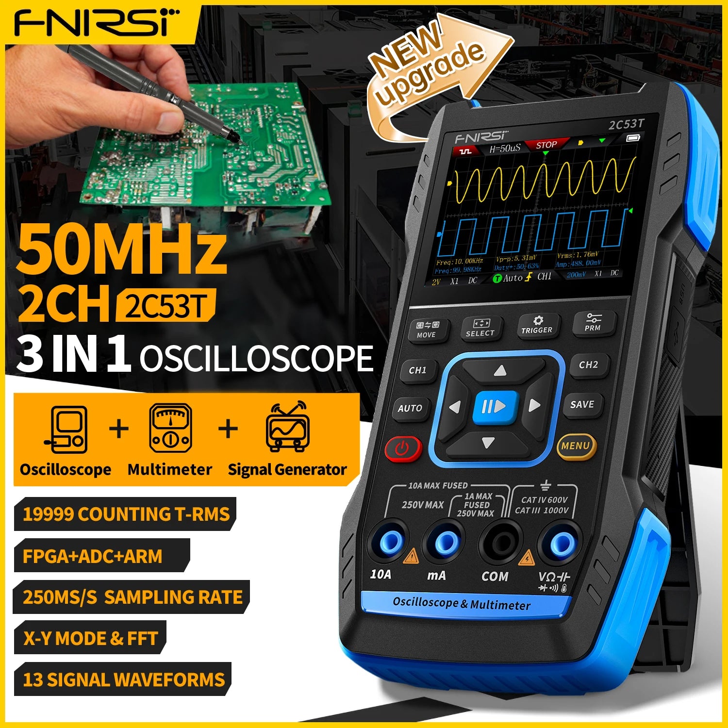 FNIRSI 2C23T 2C53T Upgrade 50MHz Handheld Digitaal Oscilloscoop Multimeter Signaalgenerator 3 in 1 Dual-channel Autogereedschap