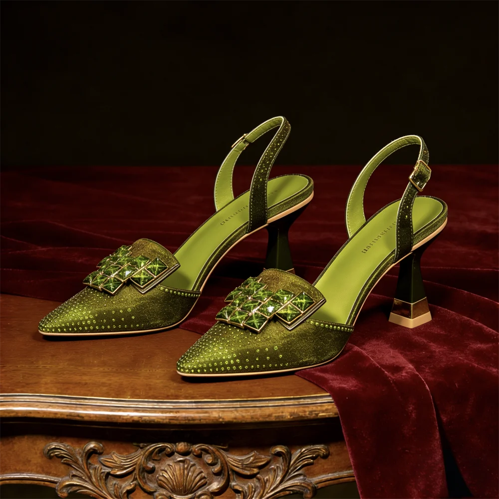Venus Chan 2026 Eleganti Décolleté Slingback Verdi con Strass – Design Italiano, Punta Affusolata, Scarpe da Sposa e da Sera