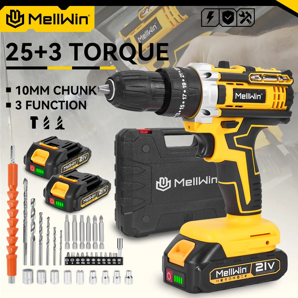 MELLWIN Trapano Avvitatore Elettrico a Percussione 25+3 Coppie, Set Multiuso Avvitatore Elettrico a Batteria, Utensile Elettrico Compatibile con Batteria Makita 18V con Perno