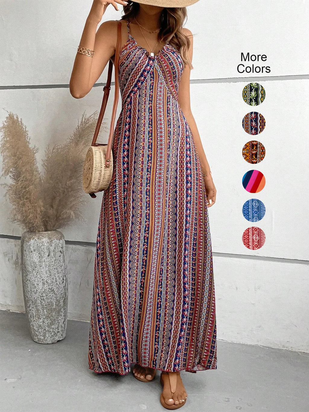 Dames Zomer Jurk met Etnisch Patroon, Open Rug en Split - Dames Zomerkleding Boho Mode Ruches Lange Jurk voor Strand