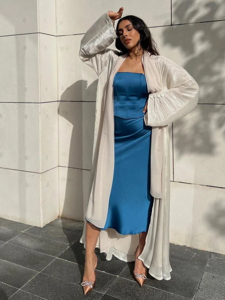 Eid Zijdeachtige Abaya's voor Vrouwen Moslim Jalabiya Ramadan Jurk met Knopen Mouwen Ramadan Kaftan Feestjurken Vestido Largo Cardigan
