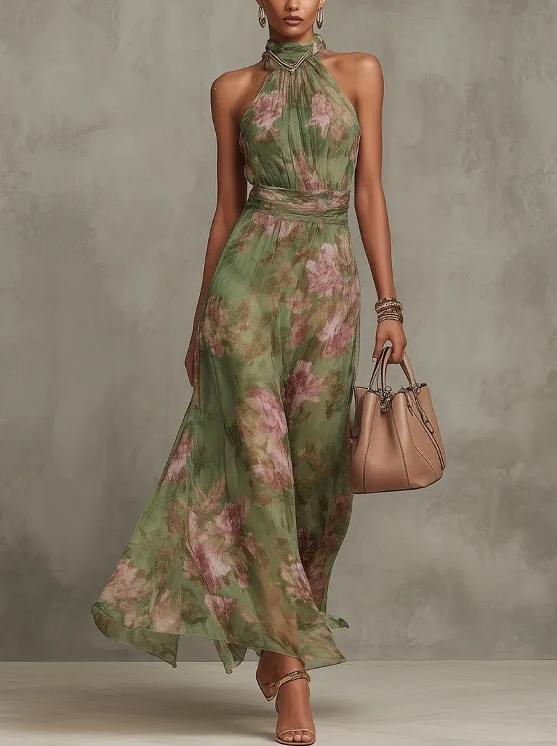 Elegante Geplooide Mesh Bedrukte Onregelmatige Split Sexy Cami Maxi Jurk Mouwloze Halter Nek Chiffon Wijde Avondfeestjurken