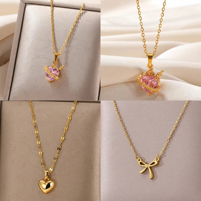 Collana da donna con zircone a cuore rosa color oro, in acciaio inossidabile, con ciondolo a freccia di Cupido Eros a cuore, gioielli di moda coreana per feste