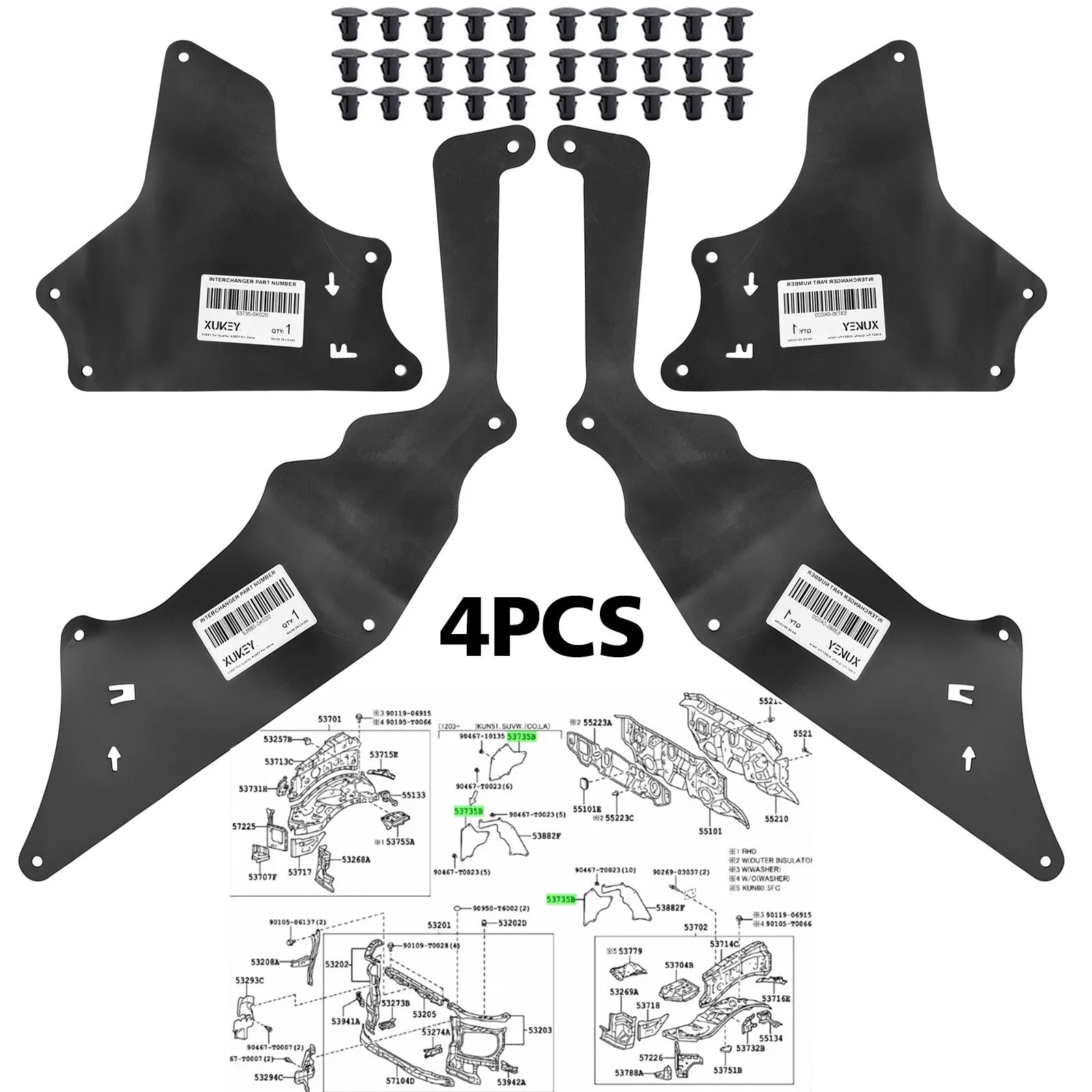 4pcs For Toyota Hilux Fortuner 2004-2015 Front Splash Shield Fender Liner Apron Seal Protector 53885-0K020 53735-0k020 AN20 AN50