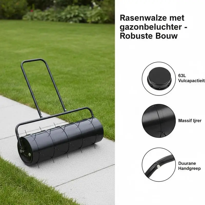 Rullo Compressore Manuale da 63 Litri Nero. Questo rullo per prato con manico è realizzato in acciaio resistente, ha una grande capacità ed è facile da riempire con la sabbia. Anche la sigillatura e lo svuotamento sono comodi.