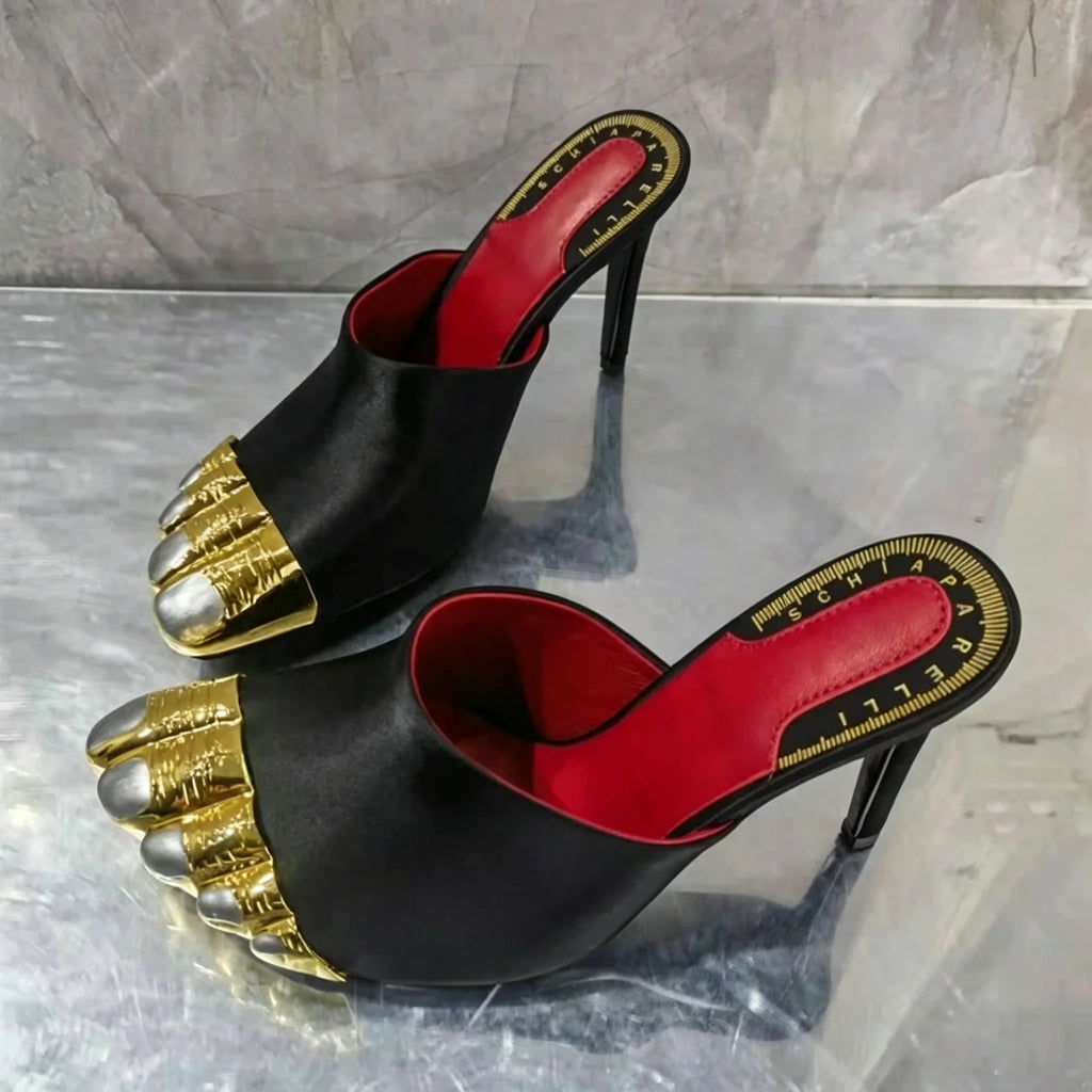 Sandali da Donna Neri con Cinturino Tacco Cinque Dita Punta Tonda Dorata Scamosciati con Foro alla Caviglia Scarpe Estive Stile Street