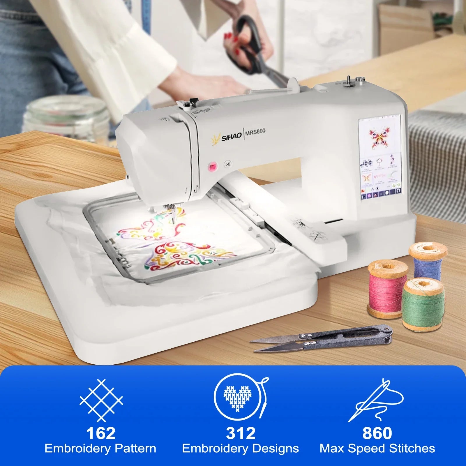 Macchina da ricamo SIHAO, multifunzione, automatica, computerizzata, per uso domestico, LOGO MRS800, con schermo LCD touchscreen, telai da ricamo