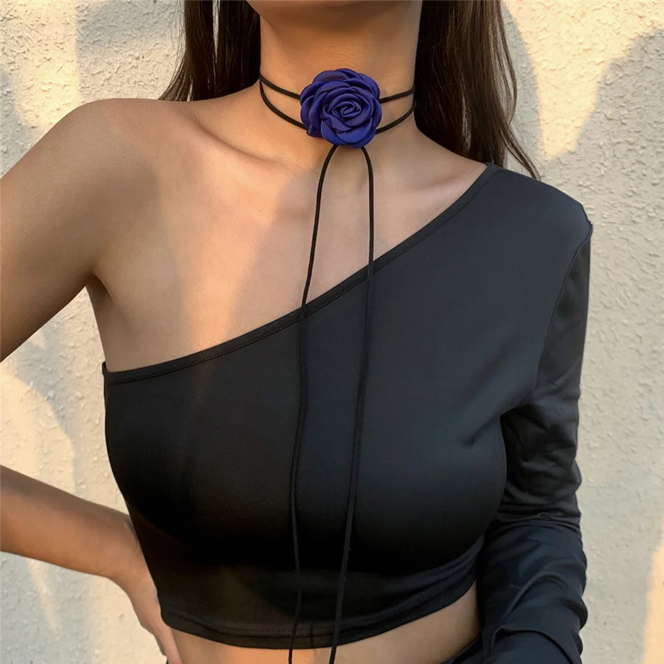 Collana girocollo con catena alla clavicola in corda regolabile in stile gotico romantico a forma di rosa grande, per donne e ragazze, accessori Y2K, stile coreano