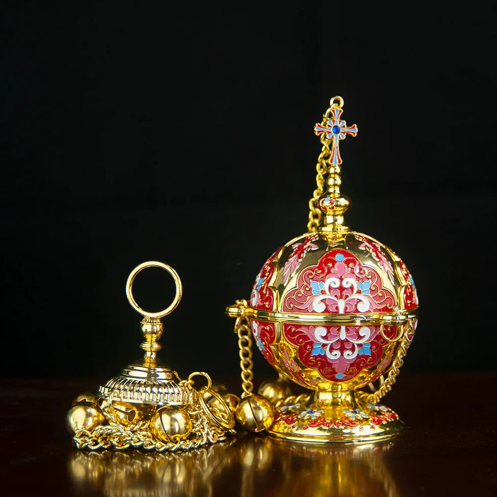 Gold Plated Orthodox Church Censer with Red Pink Blue Enamel Floral Patterns for Christian Liturgy Incense Burning Religious Cer