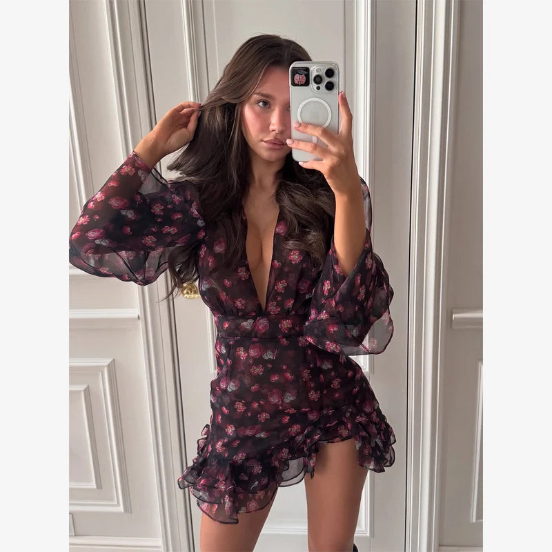 Flora Geschilderde Ruche Mini Jurk Dames Elegante Lange Mouwen Diepe V-hals Slim A-lijn Jurken 2026 Dame Vakantie Streetwear Nieuw