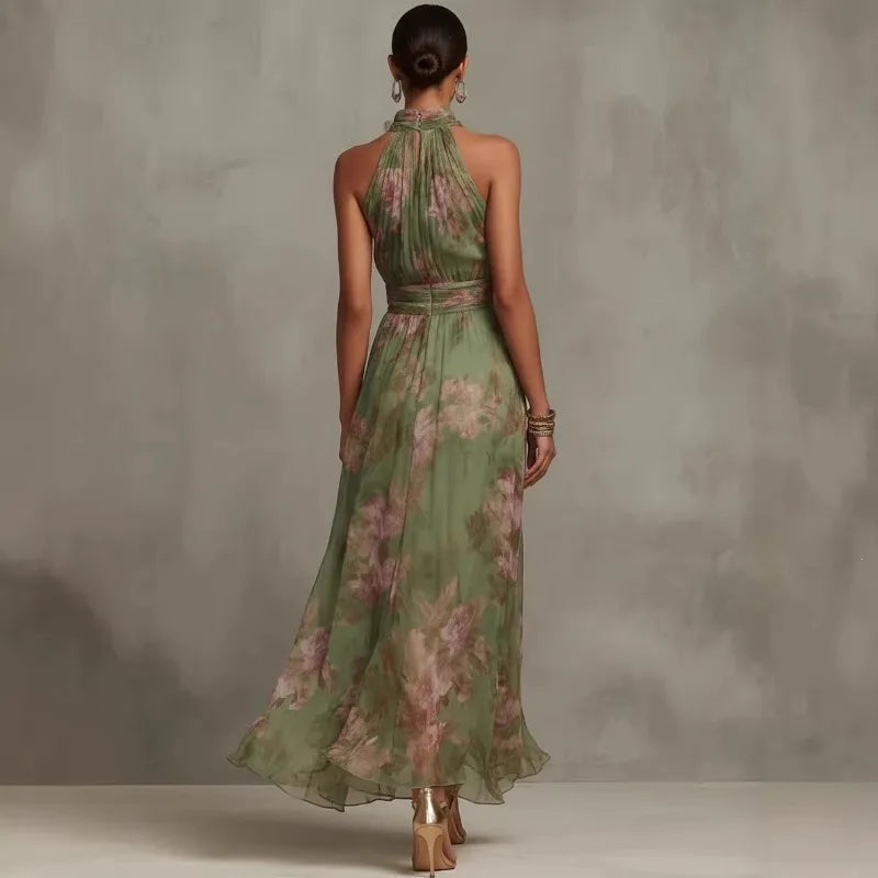 Elegante Geplooide Mesh Bedrukte Onregelmatige Split Sexy Cami Maxi Jurk Mouwloze Halter Nek Chiffon Wijde Avondfeestjurken