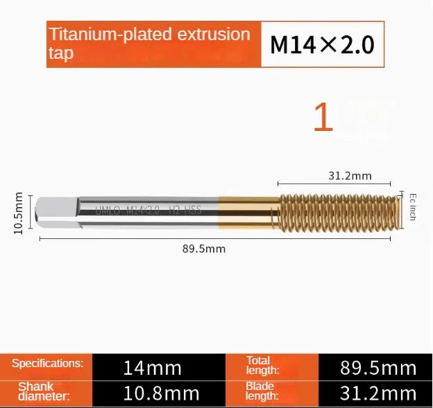 Titanium coated spiral tap extrusion tap tip tap tapping m2m2.5m3m4m5m6m8m10m12m14m16m18m20m22m24