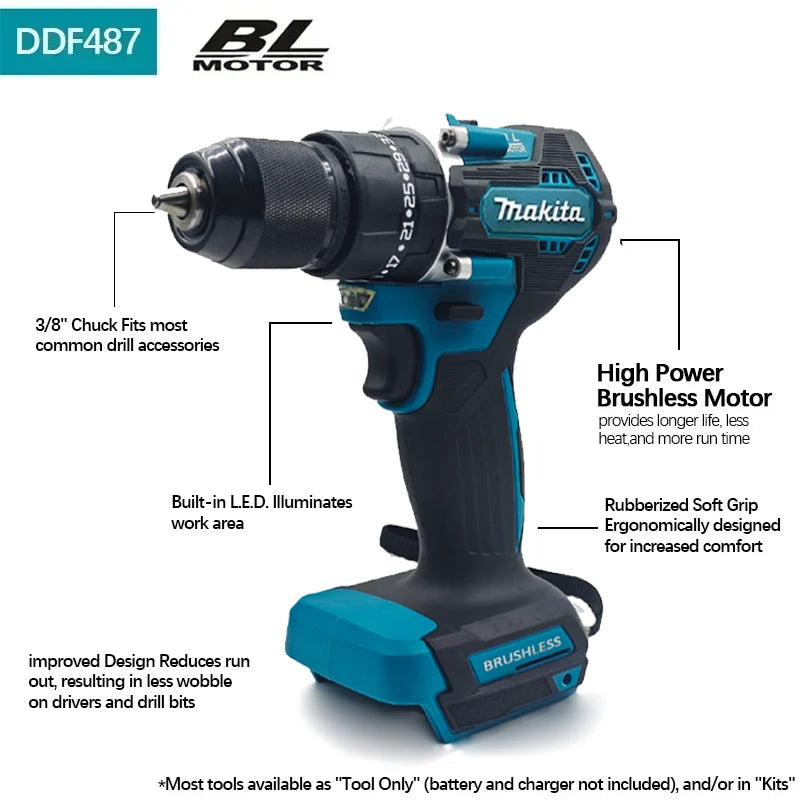 Makita DDF487 Trapano avvitatore a percussione ricaricabile al litio da 18V senza spazzole da 10mm, avvitatore elettrico a coppia elevata DDF487 per uso domestico
