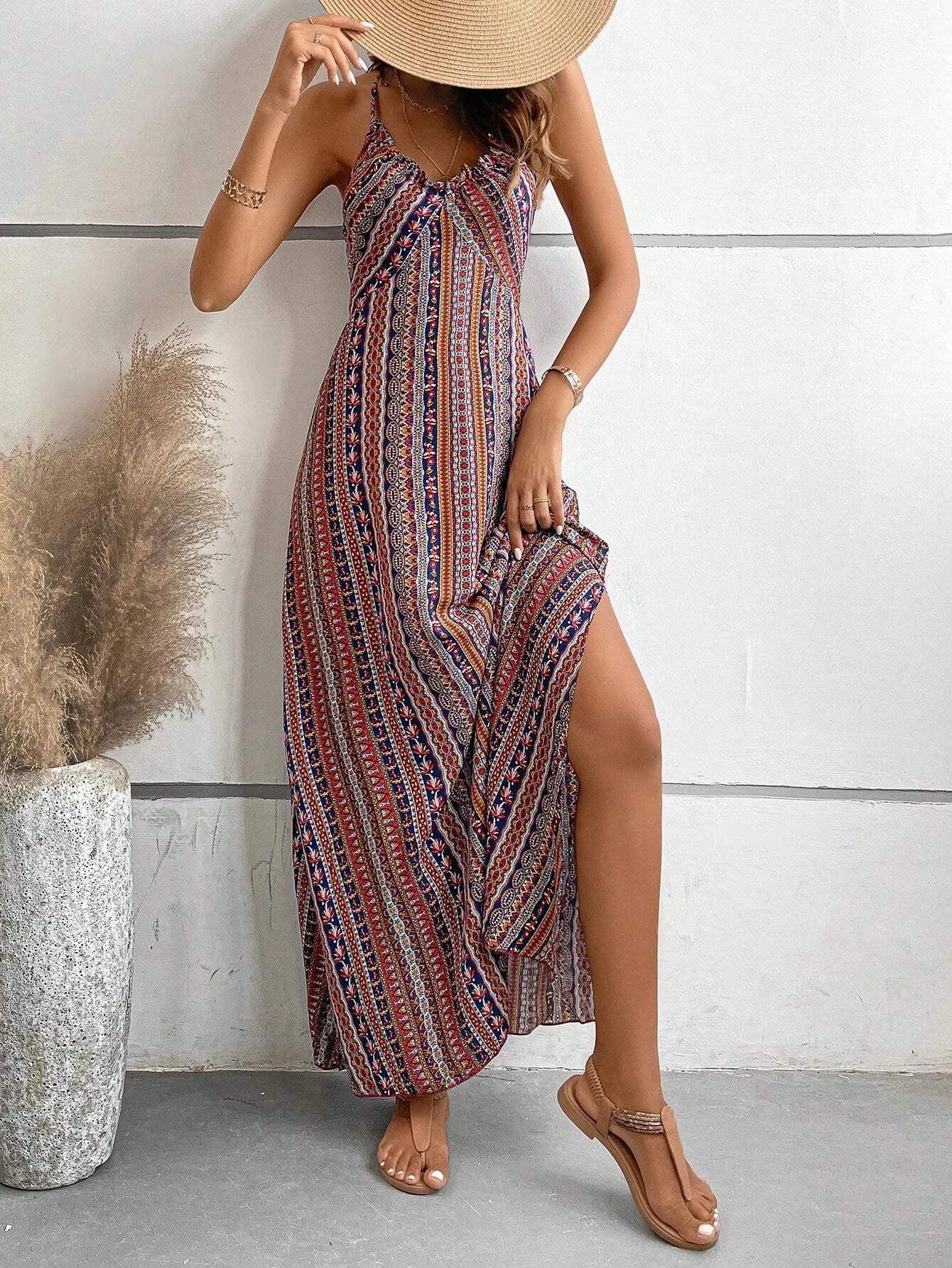 Dames Zomer Jurk met Etnisch Patroon, Open Rug en Split - Dames Zomerkleding Boho Mode Ruches Lange Jurk voor Strand