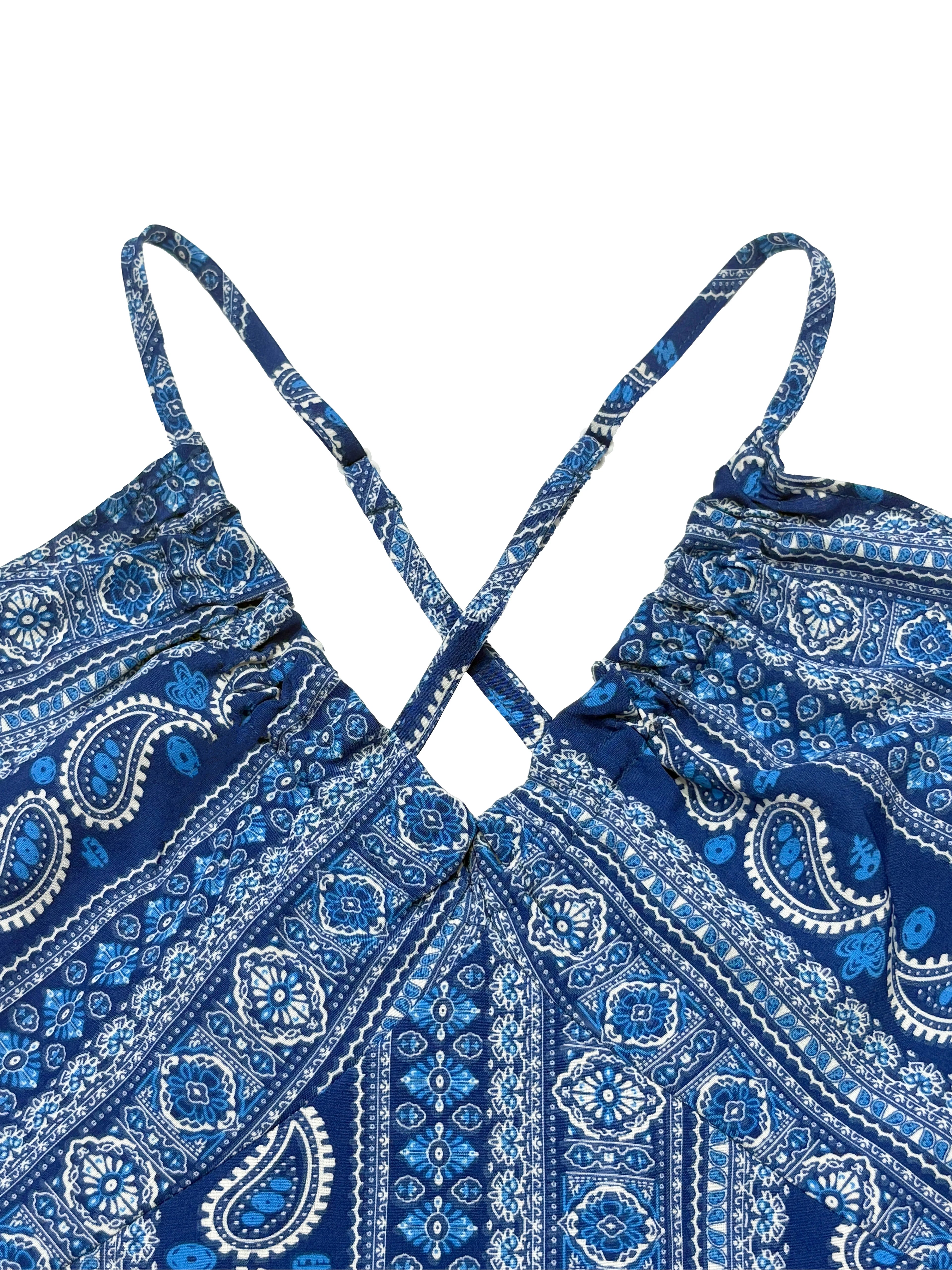 Dames Zomer Jurk met Etnisch Patroon, Open Rug en Split - Dames Zomerkleding Boho Mode Ruches Lange Jurk voor Strand