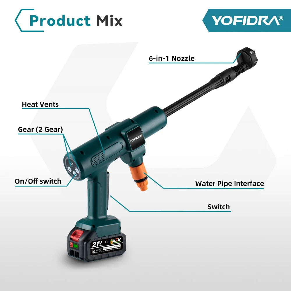 YOFIDRA 200 bar borstelloze elektrische hogedrukreiniger 6-in-1 autowasslang tuinspuit voor Makita 21V accu spuitpistool