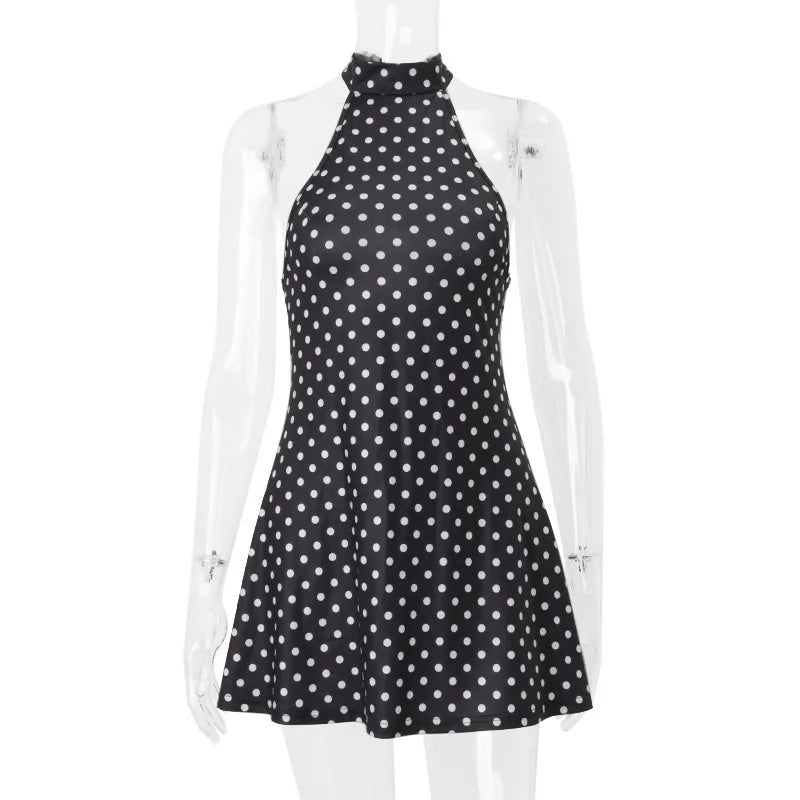 2026 Estate Nuovo Abito Lusso Moda Stampa Sexy Senza Schienale Vita Abito Halter Mini Abiti a Pois Stampati per Donna