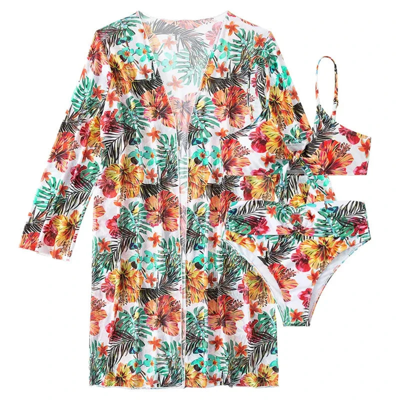 Sexy Bikini met Hoge Taille 3-delig Bloemenprint Badpak Maat 3XL-S Dames Bikini Set Met Mesh Blouse Lange Mouwen Super Sale