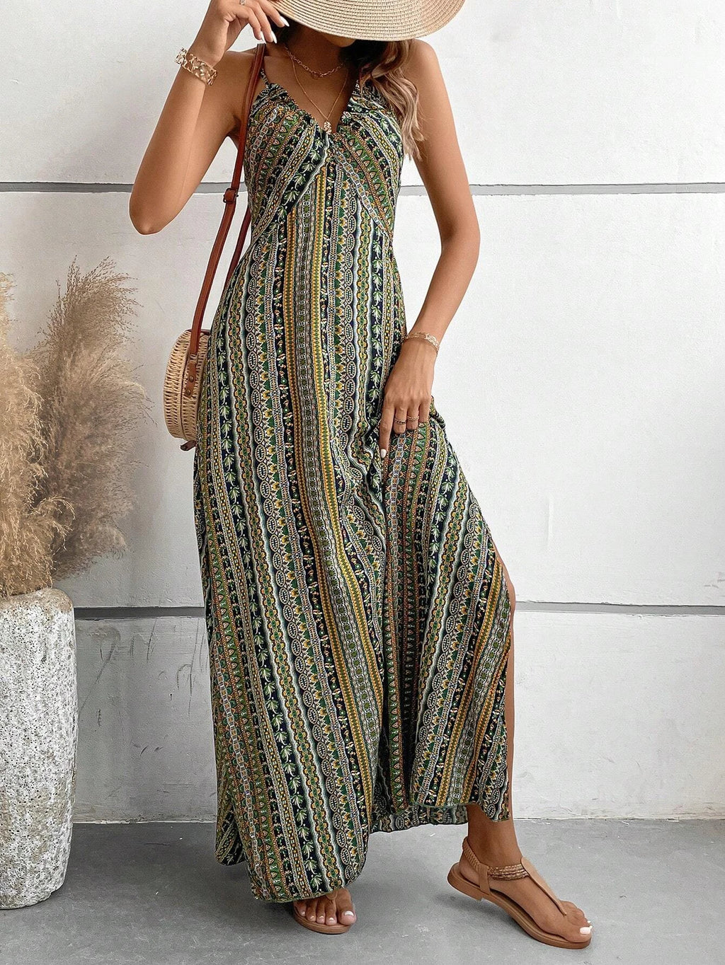Dames Zomer Jurk met Etnisch Patroon, Open Rug en Split - Dames Zomerkleding Boho Mode Ruches Lange Jurk voor Strand