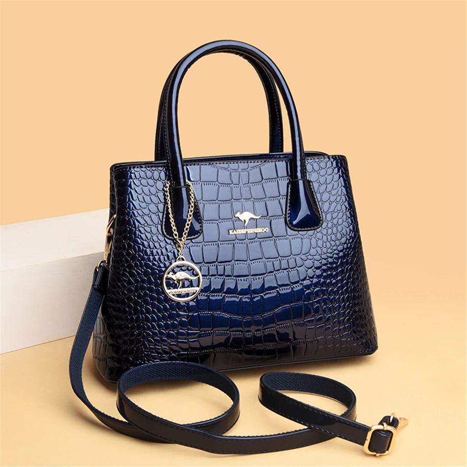 Borsa Tote in Pelle Verniciata con Motivo Coccodrillo per Donna, Borsa a Tracolla di Lusso di Design 2024 per Donna