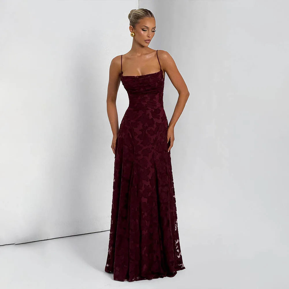 Jacquard Chiffon Lange Jurk Dames Mouwloze Bandage Jurken Zomer Avond Bruiloft Gast Groen Wit Bordeauxrood Roze Afstuderen